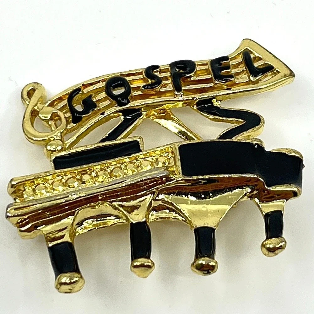 Vintage Gold Tone Gospel Piano Music Brooch Pin Retro Black Enamel Classic
